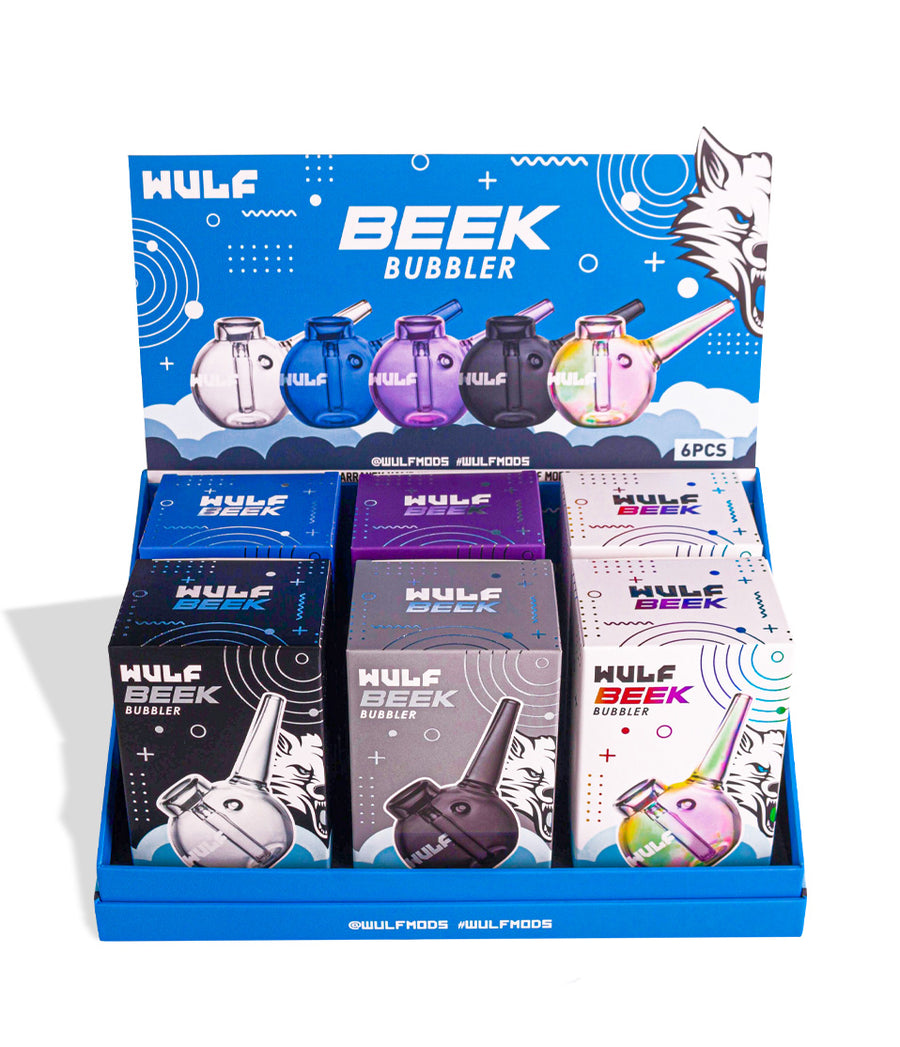 Display of WULF BEEK Bubbler packaging with colorful designs on a white background