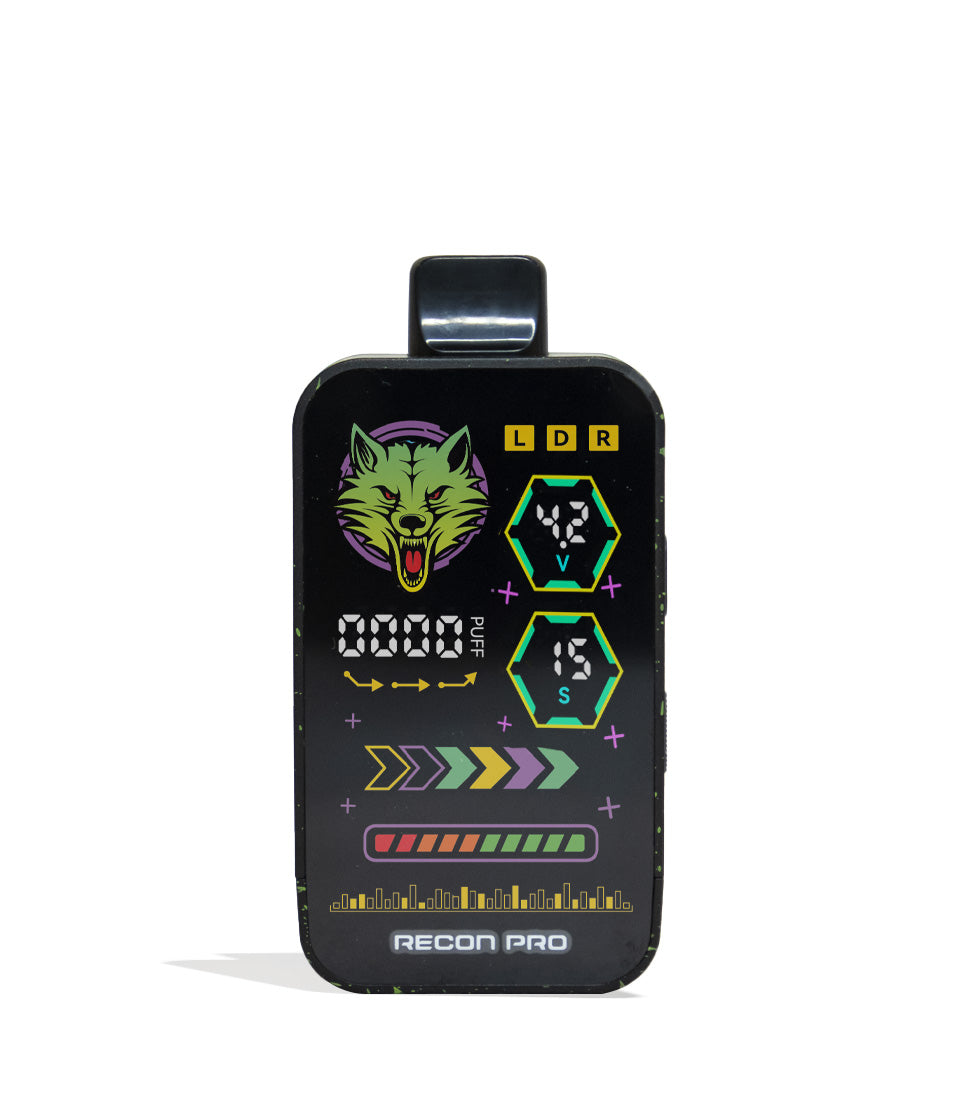 Black Green Spatter Wulf Mods Recon Pro Dual 510 Voltage Battery 9pk Front View on White Background