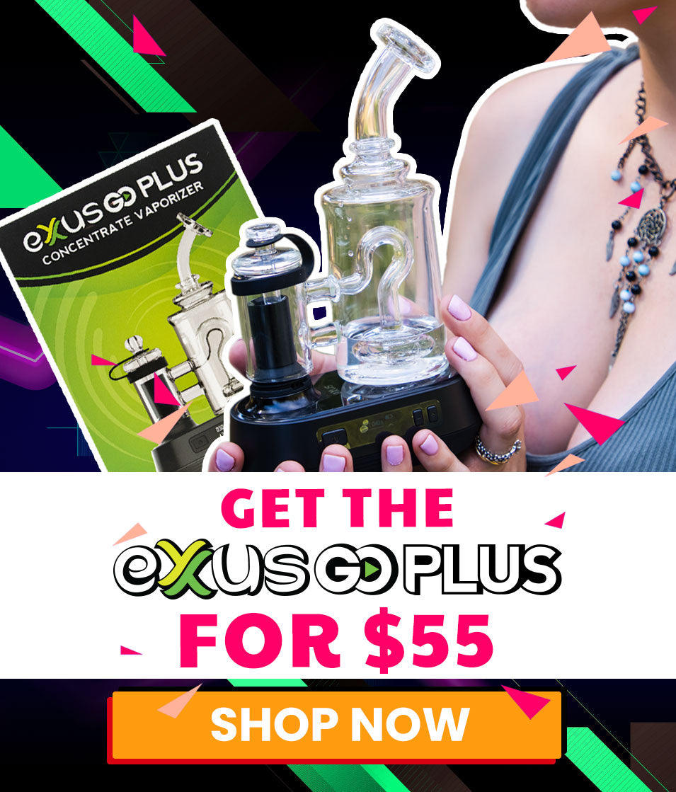  Exxus Go Plus concentrate vaporizer with branding and promotional text.