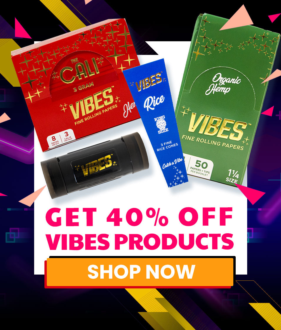 Promotional image of Vibes rolling paper packages with a 'Shop Now' call to action.