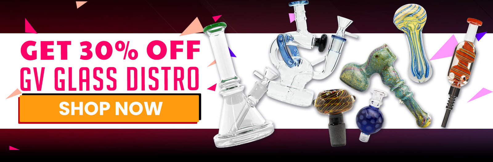 Various Hand Pipes and Water Pipes and other glass products with promotional text overlay on a colorful background