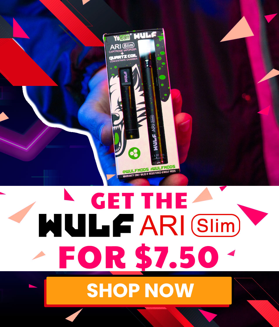 Promotional image for Wulf Ari Slim vaping device packaging with a colorful geometric background.