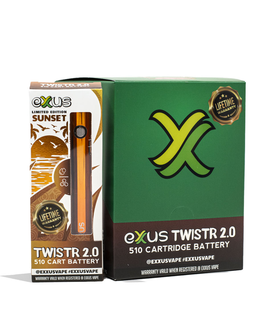 Sunset Exxus Vape Twistr 2.0 Cartridge Vaporizer 12pk Packaging Front View on White Background