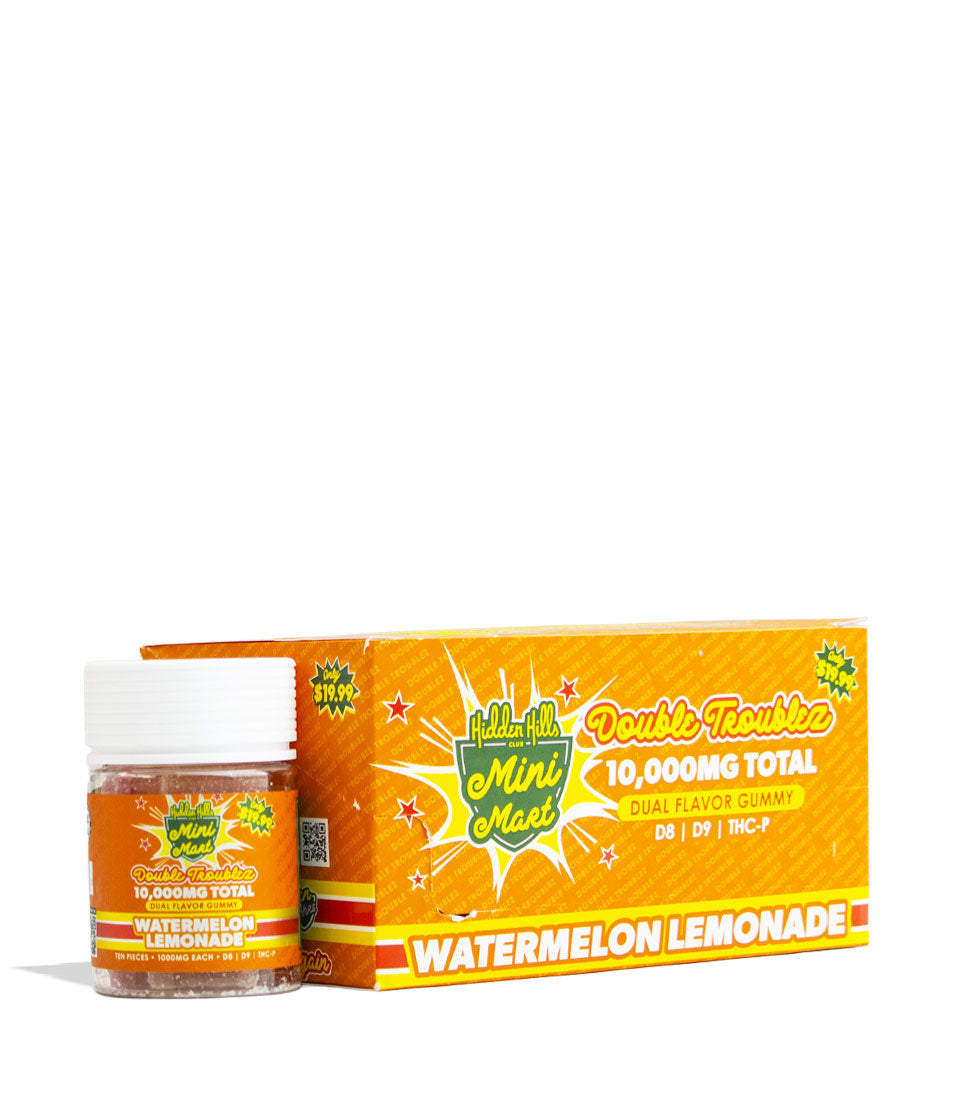 Watermelon Lemonade Hidden Hills Mini Mart Double Troublez 1000mg Gummies 6pk Front View on White Background
