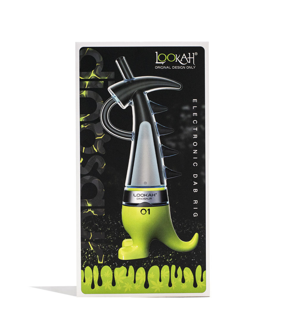 Neon Green Lookah Dinosaur Electronic Dab Rig Packaging Front View on White Background