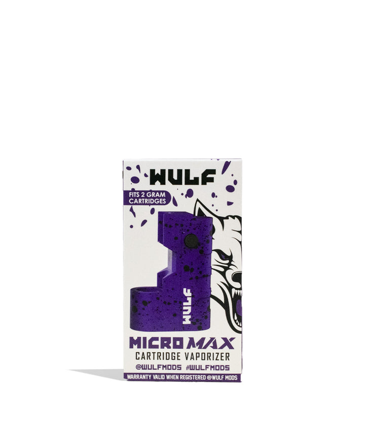 Purple Black Spatter Wulf Mods Micro Max 2g Cartridge Vaporizer 9pk Packaging Front View on White Background