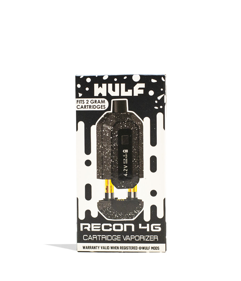 Black White Spatter Wulf Mods Recon 4g Dual Cartridge Vaporizer 9pk Packaging Front View on White Background