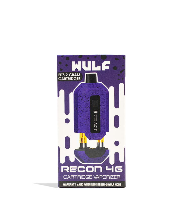 Purple Black Spatter Wulf Mods Recon 4g Dual Cartridge Vaporizer 9pk Packaging Front View on White Background