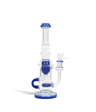Blue front view 10 inch water pipe with color matching base, perc, difuser, and mouthpiece on white studio background