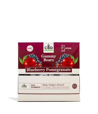 30pk Blueberry Pomegranate CBD Pharm 20mg HHC Gummies on white studio background