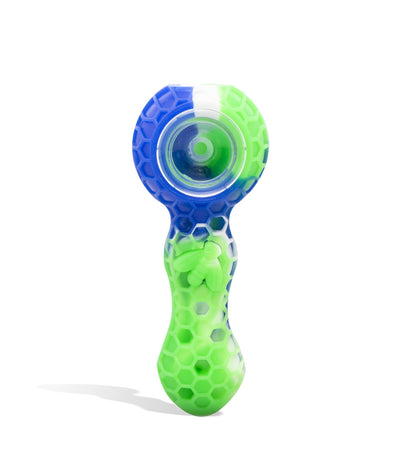 Green/Blue 5 inch Silicone Hand Pipe with Glass Bowl and Built in Dabber Tool on white studio background