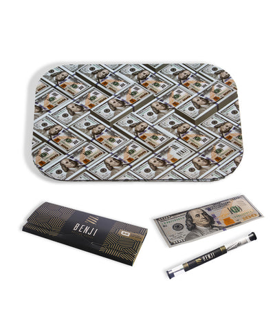 100 Bills Benji OG Metal Rolling Tray with Magnetic Lid Kit on white background