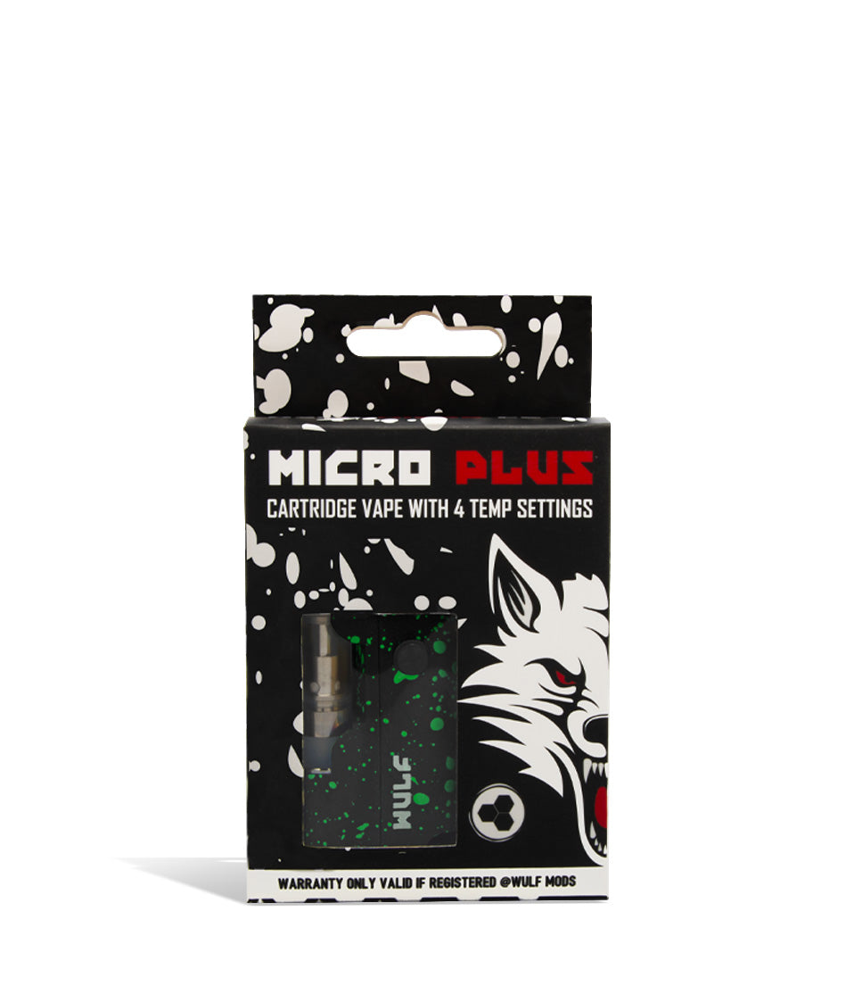 Black Green Spatter single pack Wulf Mods Micro Plus Cartridge Vaporizer 12pk on white background
