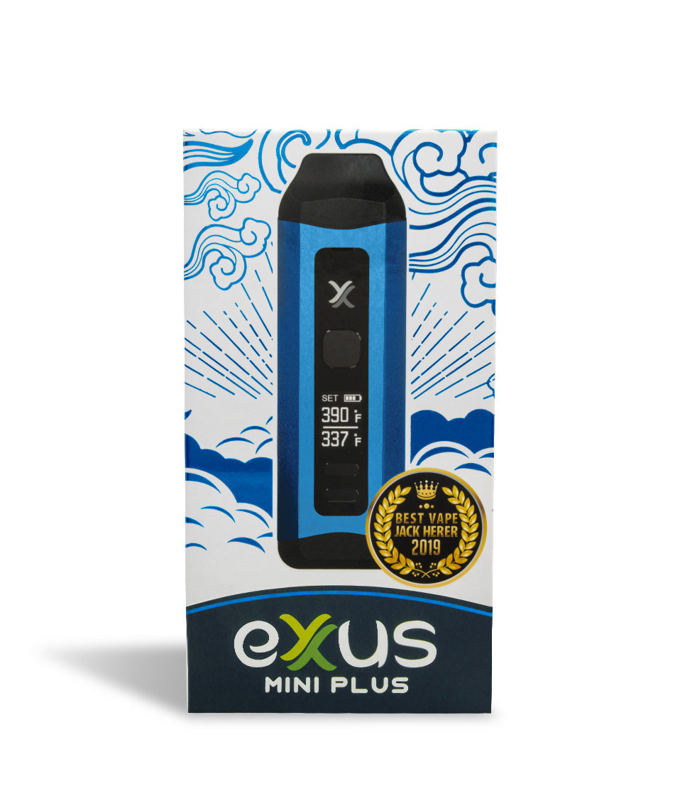 Blue Box front view Exxus Vape Mini Plus Vaporizer on white studio background