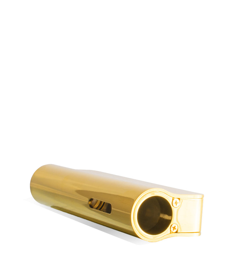 Gold open chamber Exxus Vape Snap VV Cartridge Vaporizer on white studio background